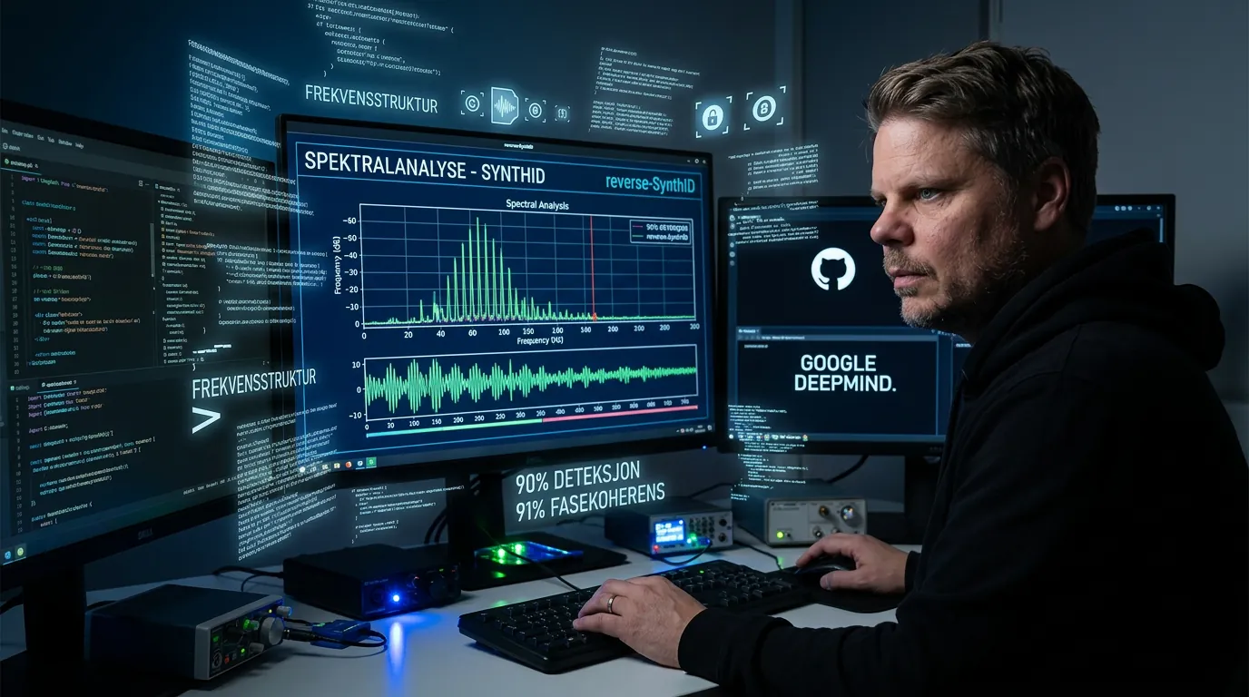 Jan Sverre analyserer SynthID-vannmerkesystemet ved arbeidsstasjon med spektraldiagram på skjerm