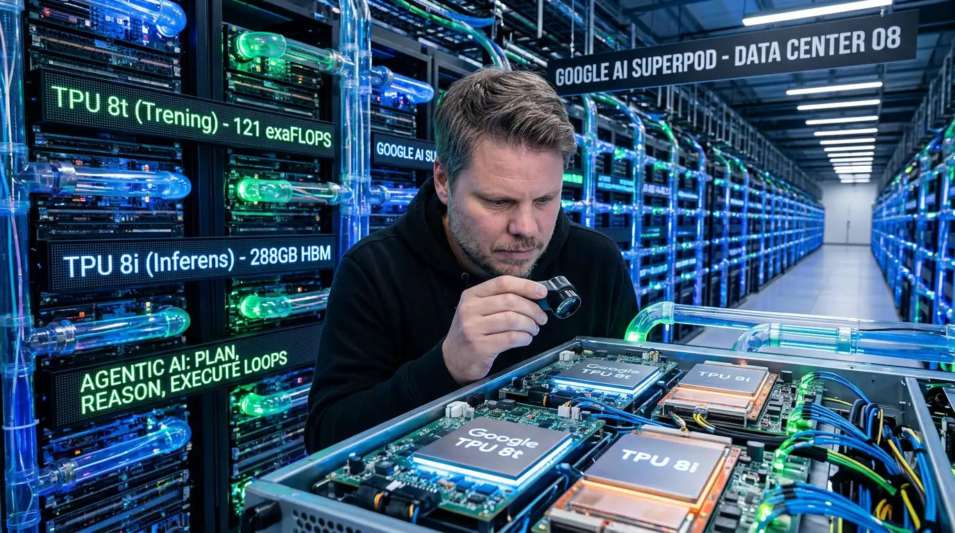 Jan Sverre i et massivt Google-datasenter med lysende TPU-serverrack designet for agentisk AI