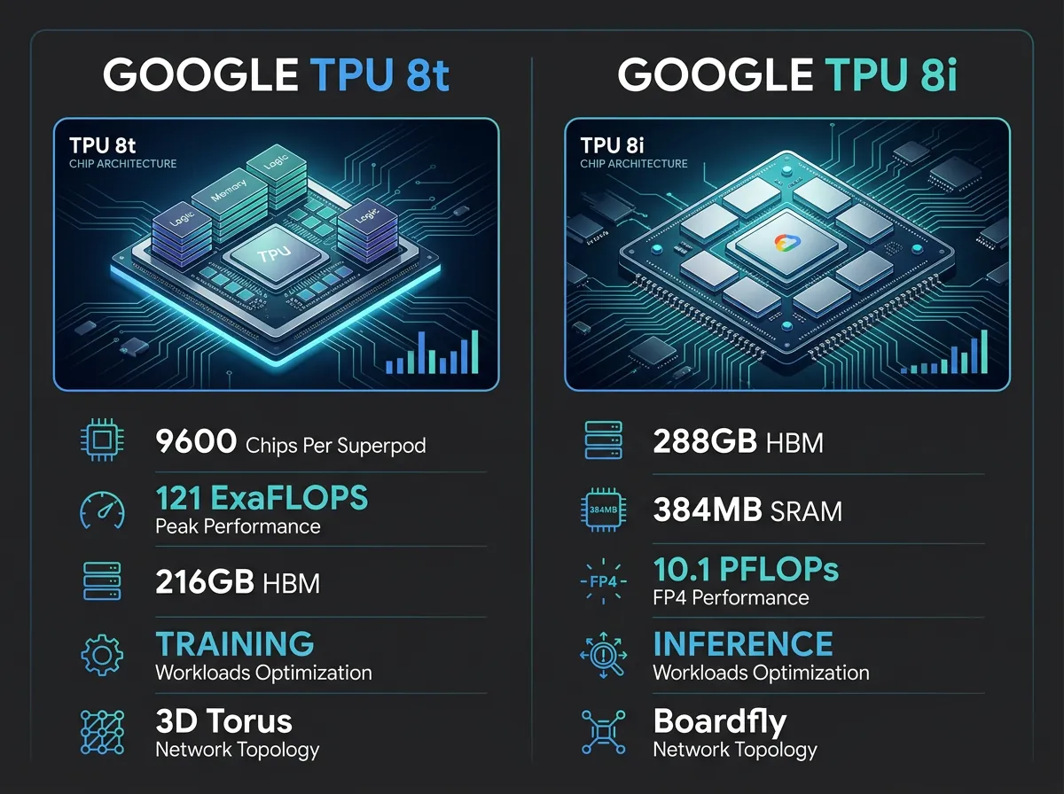 Infografikk som sammenligner Google TPU 8t og TPU 8i spesifikasjoner side om side med ytelse og minnekapasitet