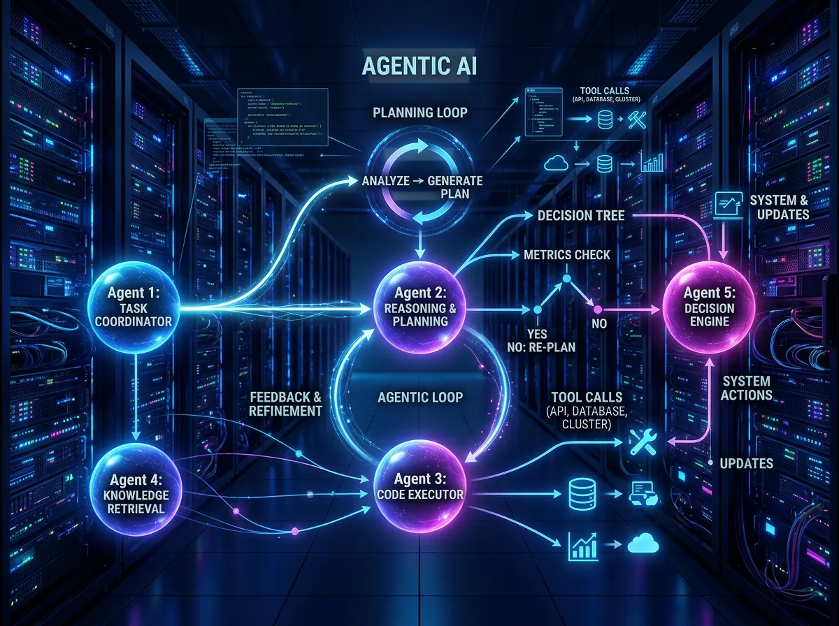 Visualisering av agentisk AI-arbeidsflyt med nettverksnoder som representerer AI-agenter som planlegger og utfører oppgaver i løkker