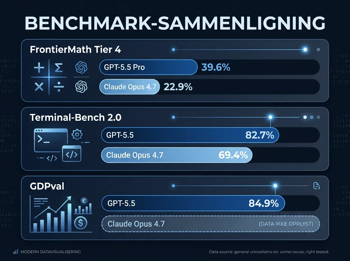 Benchmark-sammenligning mellom GPT-5.5 og Claude Opus 4.7 på FrontierMath, Terminal-Bench og GDPval