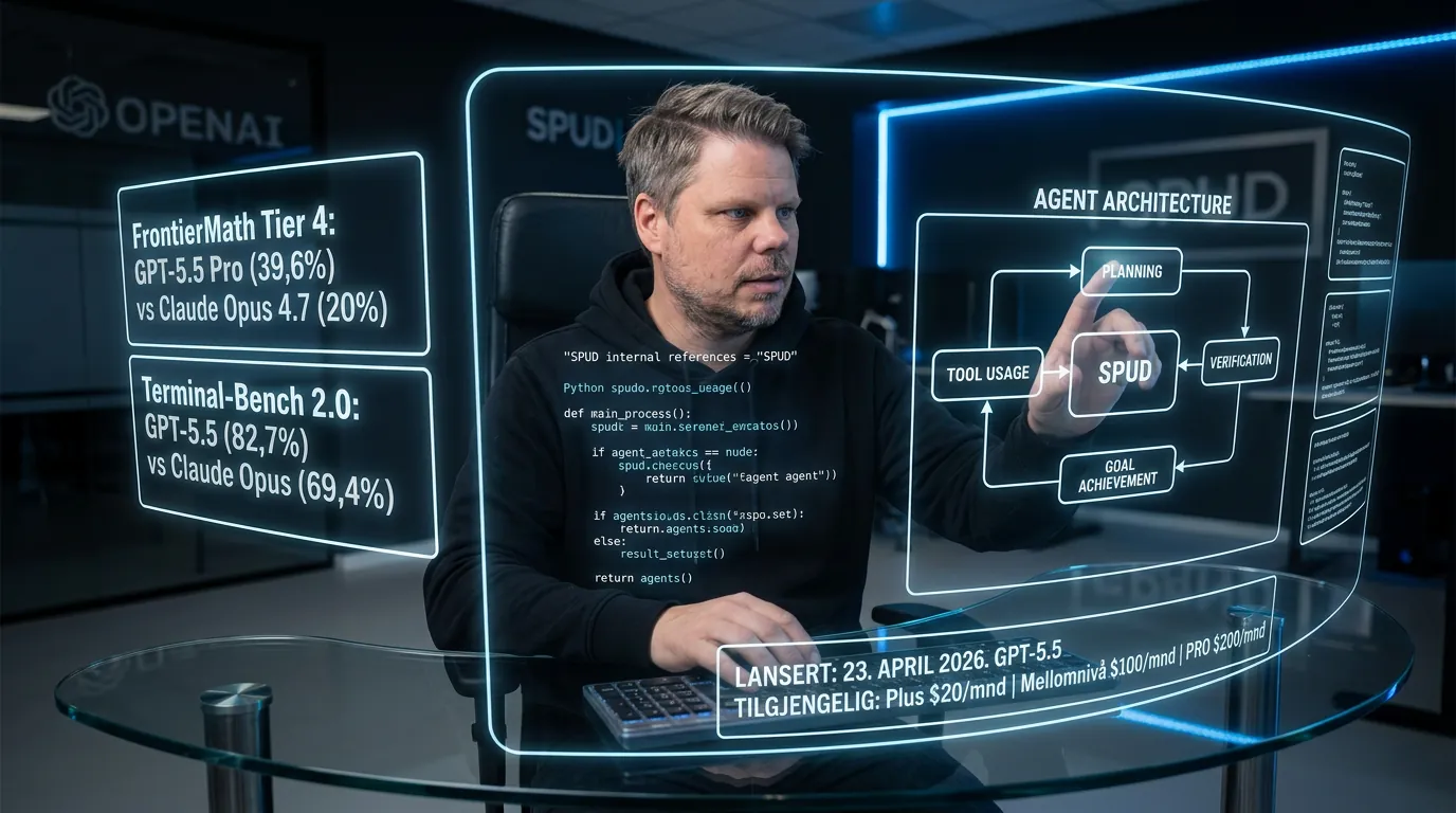 Jan Sverre jobber med GPT-5.5 ved en holografisk workstation med flytende AI-grensesnitt og kodevisualiseringer