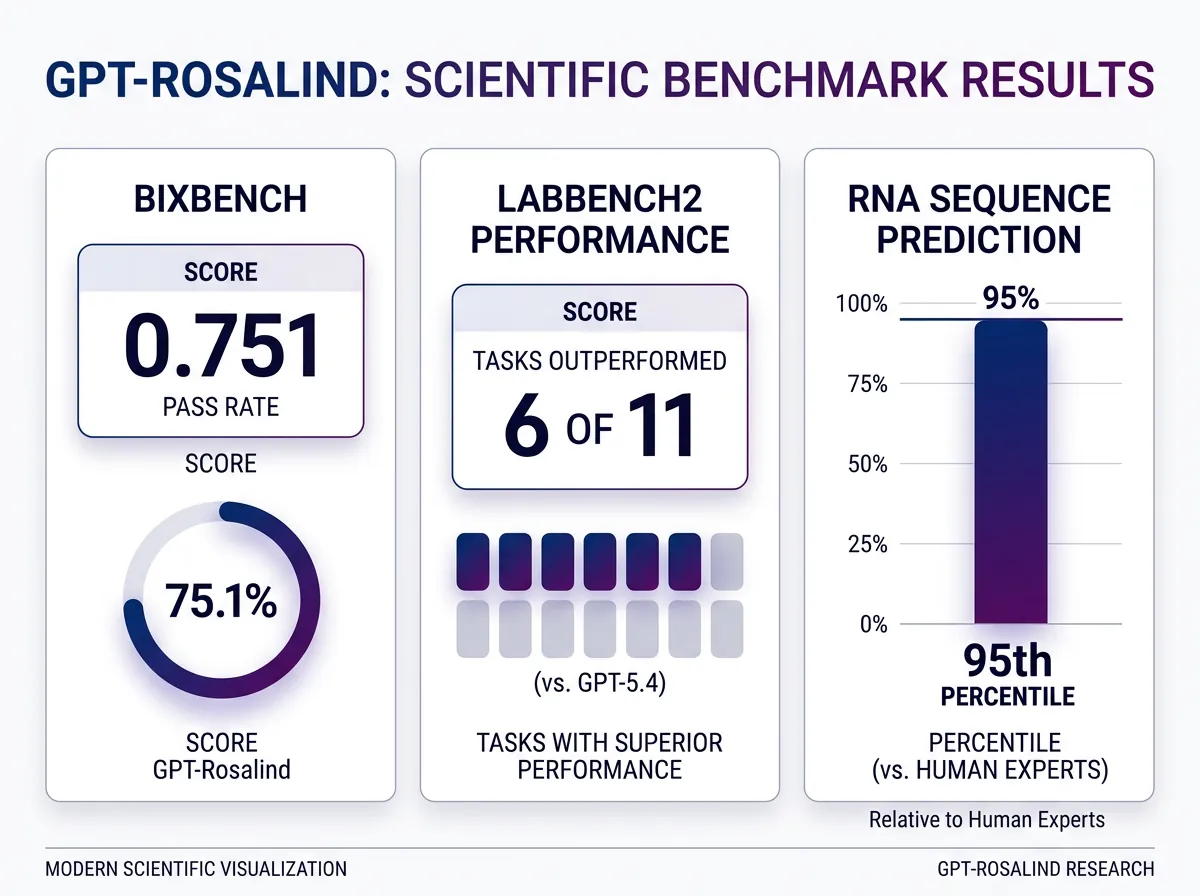 Infografik som viser GPT-Rosalind benchmark-resultater på BixBench og LABBench2 sammenlignet med GPT-5.4