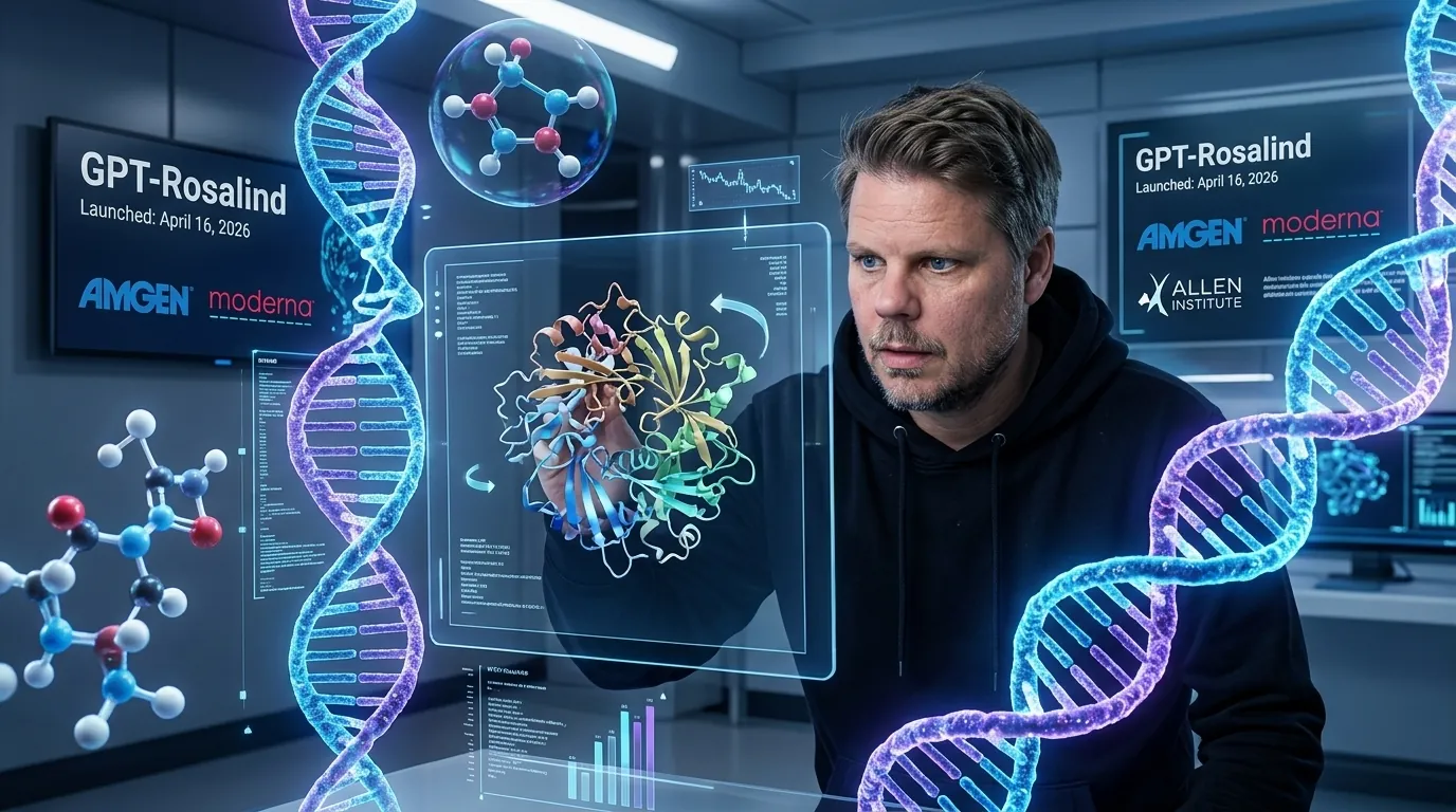 Jan Sverre i futuristisk laboratorium studerer GPT-Rosalind DNA-strukturer og molekylære modeller på holografisk skjerm