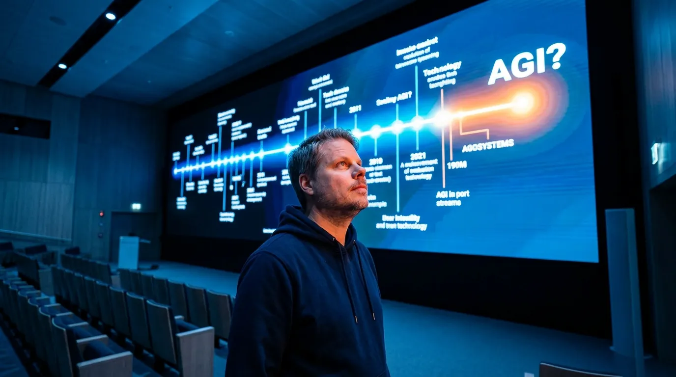 Greg Brockman OpenAI president ser opp på stor skjerm med AGI-tidslinje i moderne auditorium