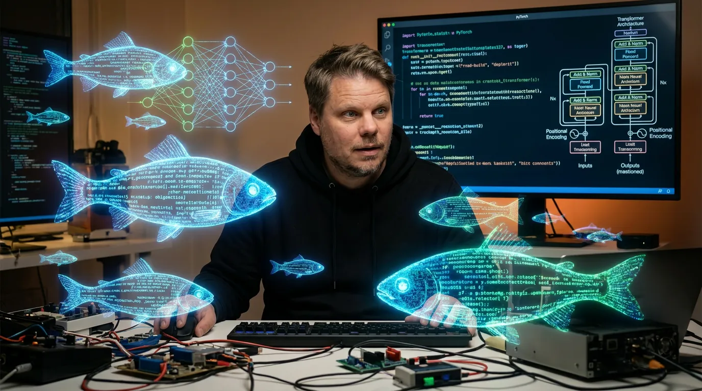 Jan Sverre omgitt av glødende fiskefigurer laget av kode og transformerdiagrammer mens han utforsker GuppyLM
