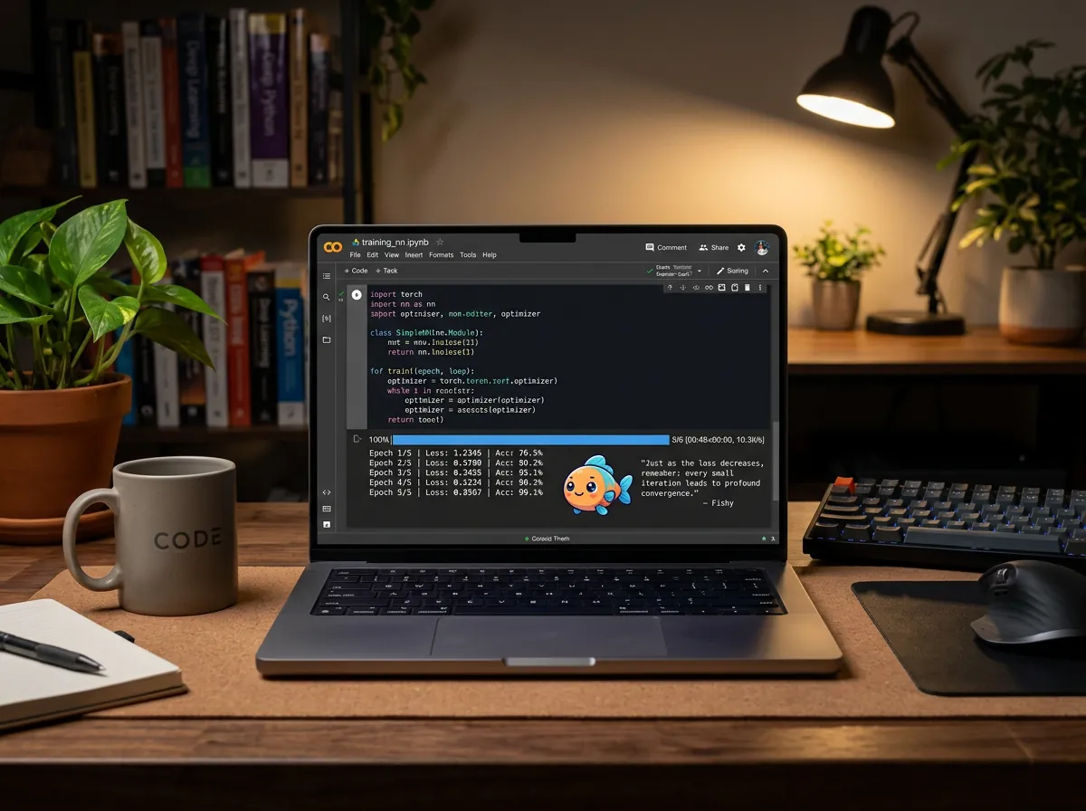 Google Colab-notatbok med PyTorch-treningskode som viser tap som synker raskt mot null på en gratis T4-GPU