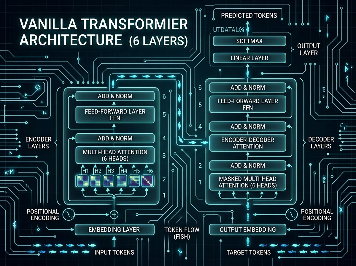 Teknisk diagram over vanilla transformer-arkitektur med embedding-lag, 6 attention heads og feed-forward lag visualisert som lysende kretser
