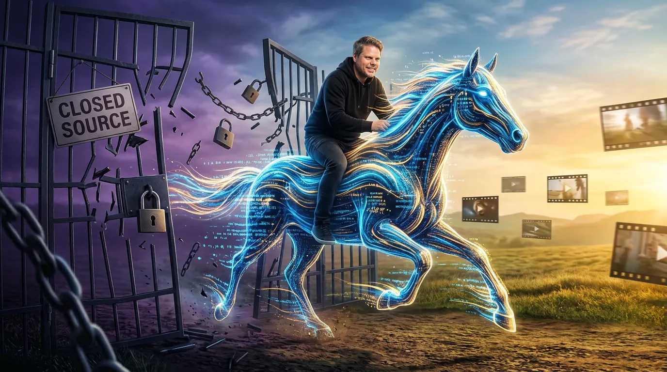 Jan Sverre rir en glødende digital hest gjennom lukkede dører mot et åpent landskap - symbolikk for Happy Horse open source AI-videomodellen fra Alibaba