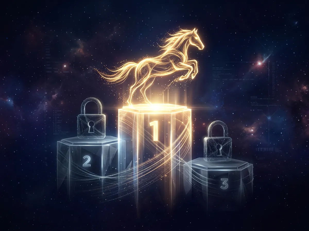 Abstrakt visualisering av Happy Horse på toppen av AI-video-leaderboardet med nesten 100 ELO-poeng foran Seedance 2.0 på Artificial Analysis