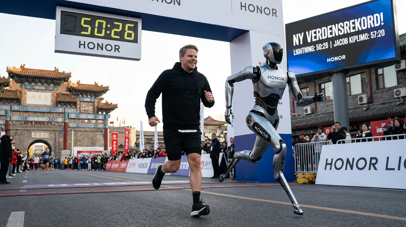 Jan Sverre løper side om side med Honor-roboten Lightning på gata i Beijing under halvmaratonet i april 2026