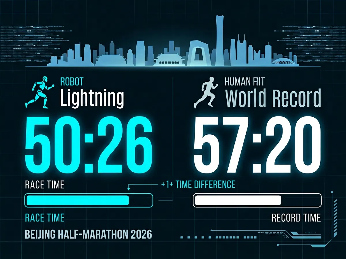 Infografikk som sammenligner løpstid for Honor-robot Lightning 50:26 mot menneskelig verdensrekord 57:20 i Beijing halvmaraton 2026