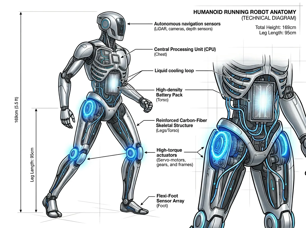 Teknisk illustrasjon av Honor Lightning-robotens indre komponenter - batteri, flytende kjøling og høymomentsaktorer i benene