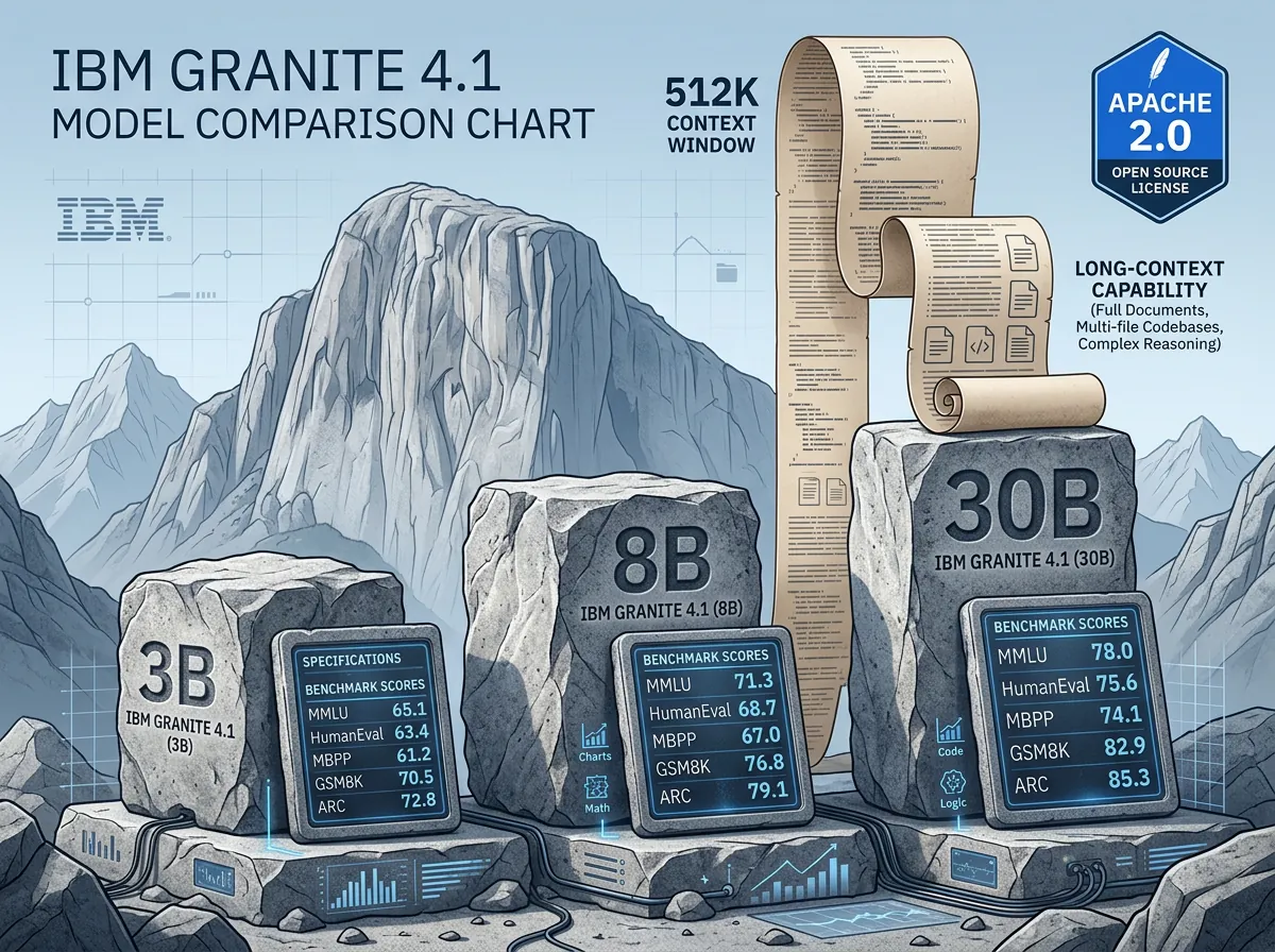 Infografikk som sammenligner IBM Granite 4.1 sine tre modellstørrelser 3B 8B og 30B med benchmark-scorer og spesifikasjoner