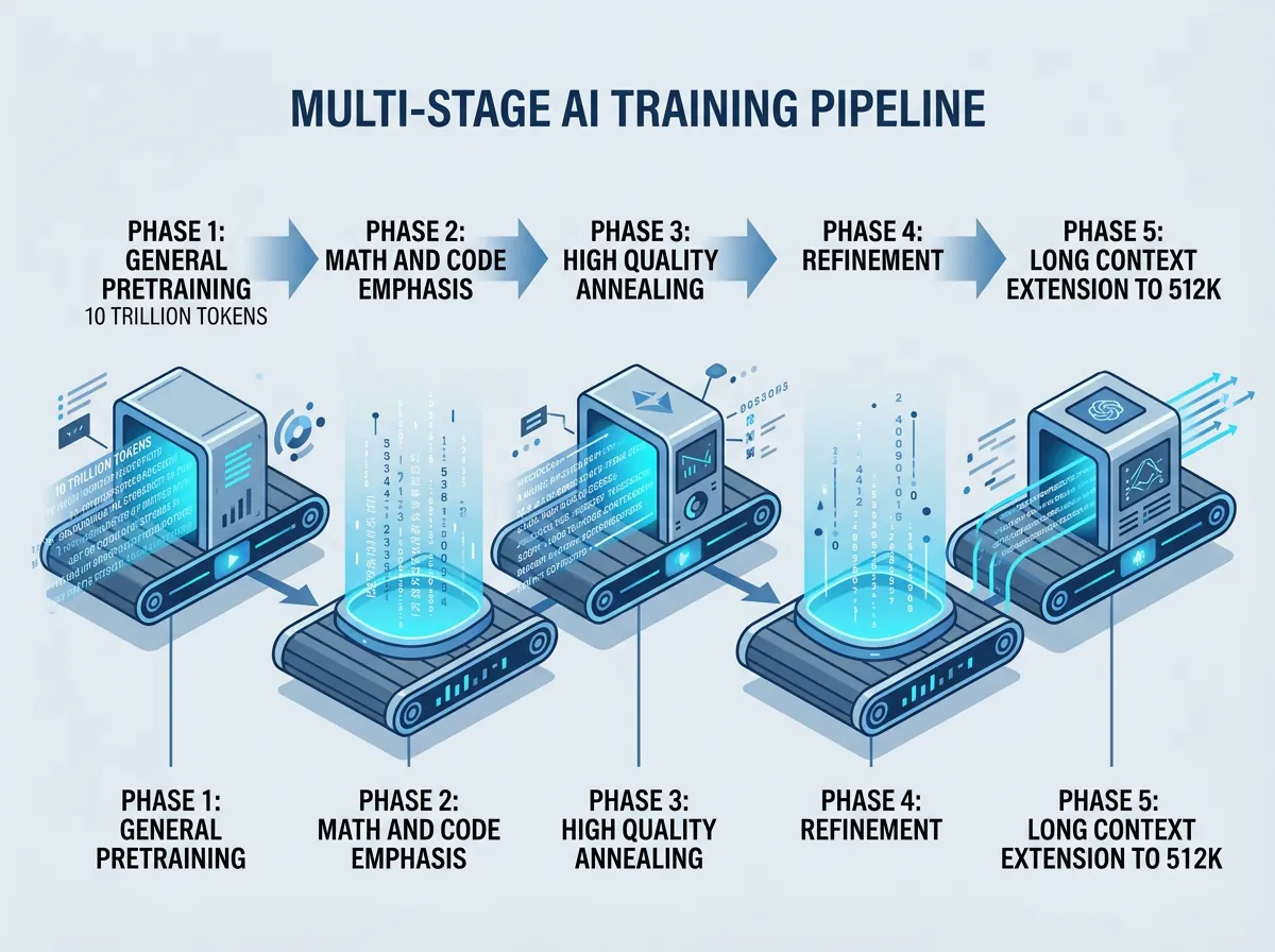 Diagram over IBM Granite 4.1 sin femfase treningspipeline med 15 billioner tokens fra generell pretrening til long context extension på 512K tokens