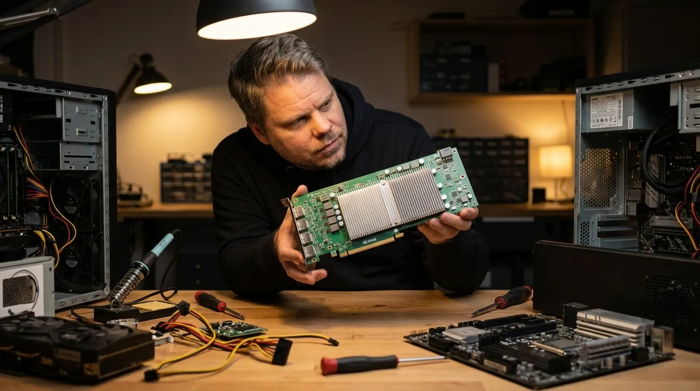 Jan Sverre holder opp Intel Arc Pro B70 grafikkort og inspiserer det med skeptisk blikk i et hardware-laboratorium