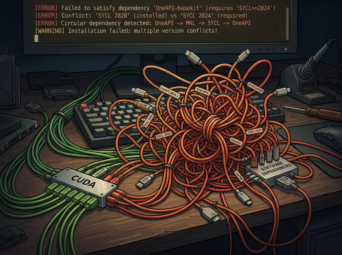 Illustrasjon av kompleks software-dependency-kaos med floker av kabler som representerer Intel OneAPI og SYCL mot Nvidias ryddige CUDA-stack