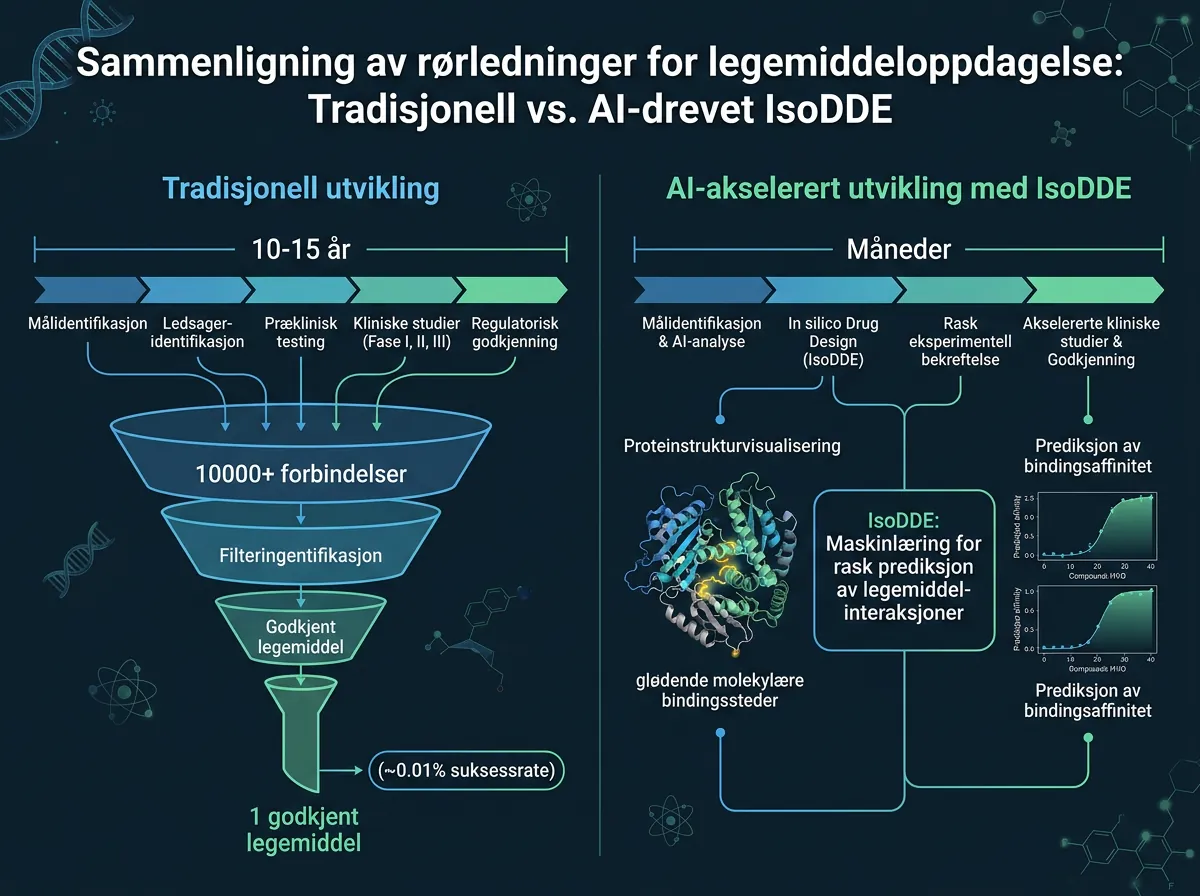 Infografikk som sammenligner tradisjonell legemiddelutvikling på 10-15 år med AI-akselerert utvikling via IsoDDE