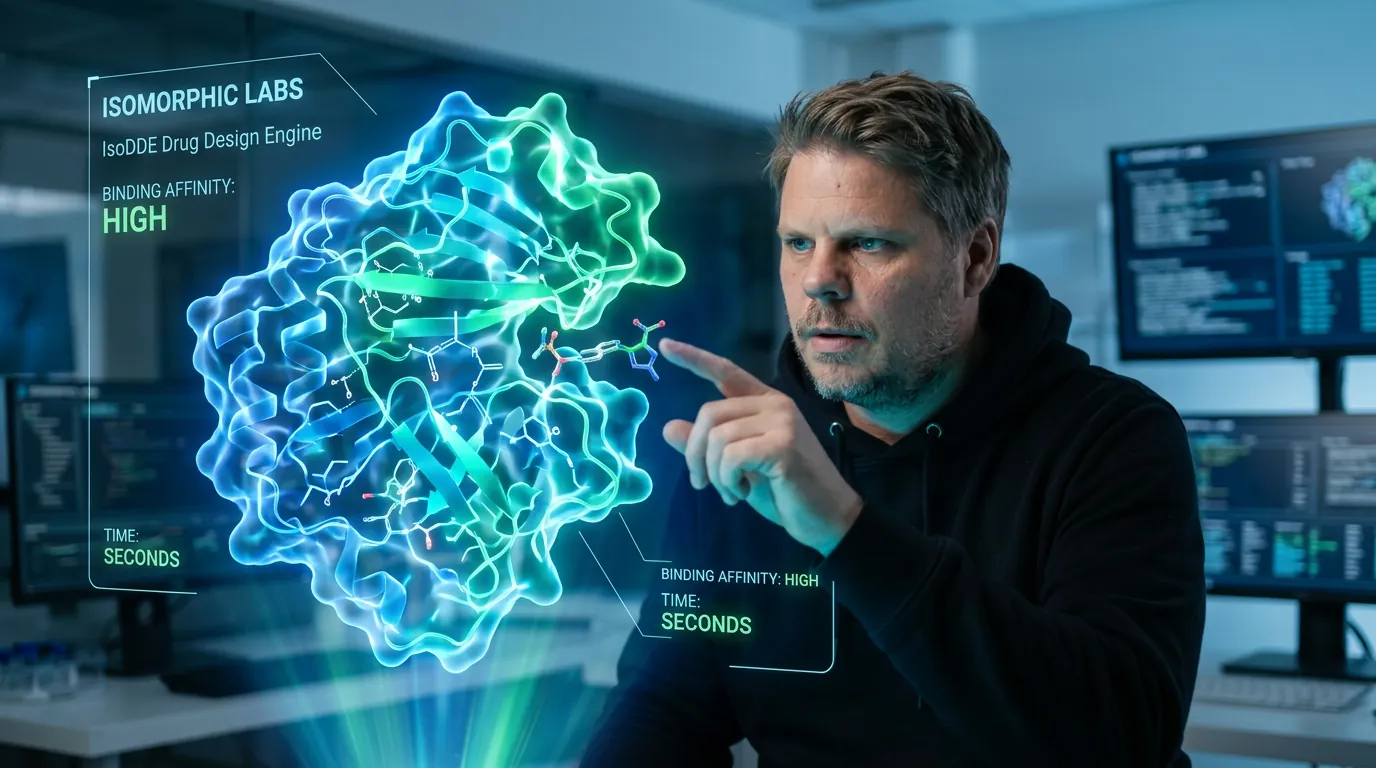 Jan Sverre ser på en holografisk 3D-visualisering av et proteinmolekyl fra Isomorphic Labs AI-forskning