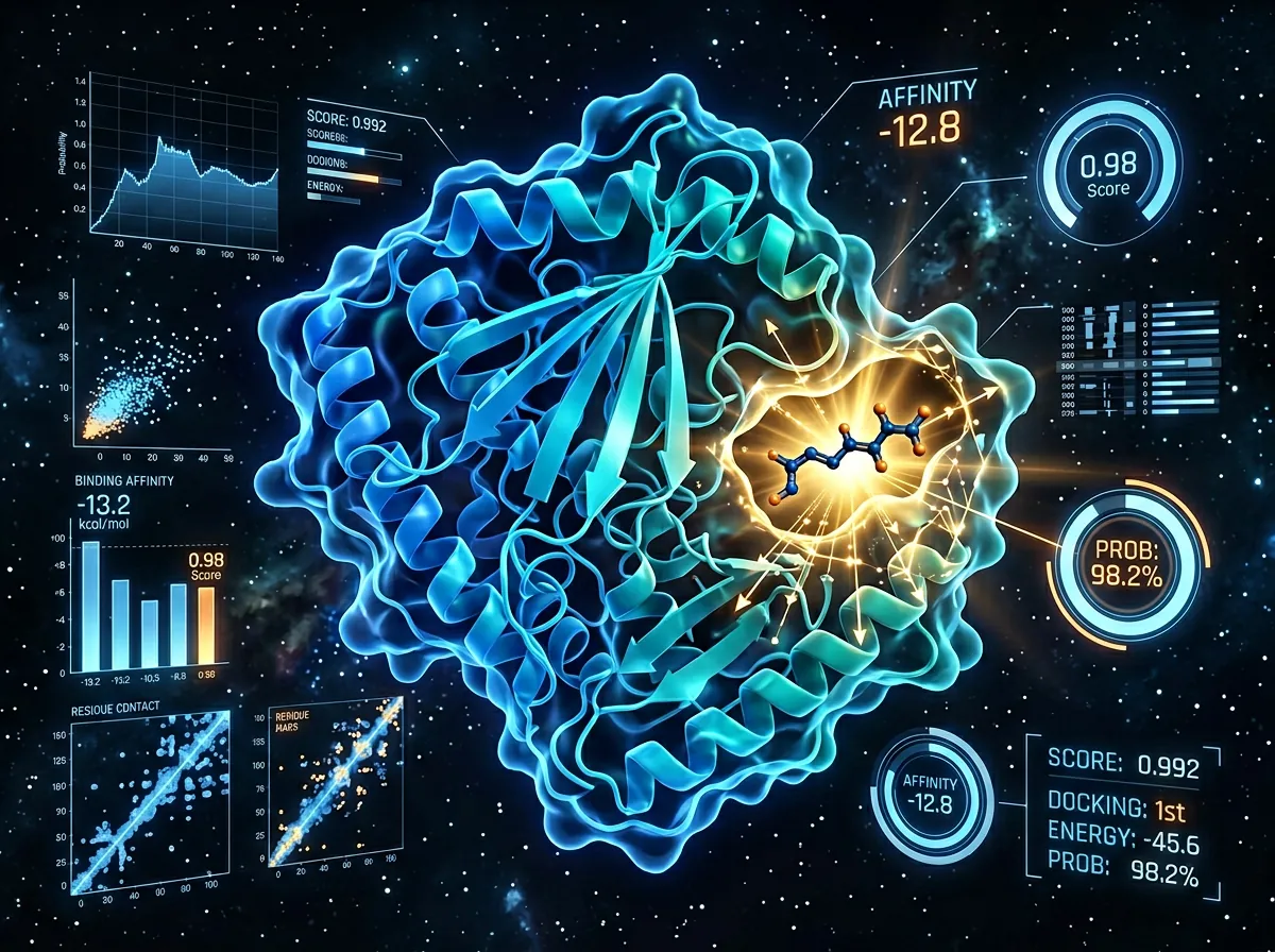 3D-visualisering av et proteinmolekyl med AI-identifisert bindingssted der et legemiddelmolekyl fester seg