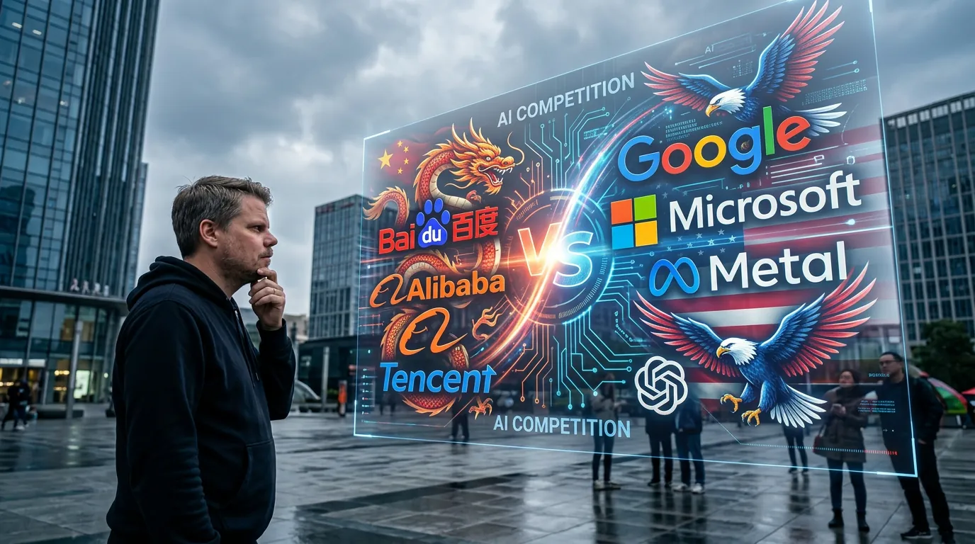 Jan Sverre observerer kappløpet mellom kinesiske og vestlige AI-selskaper representert som holografiske logoer