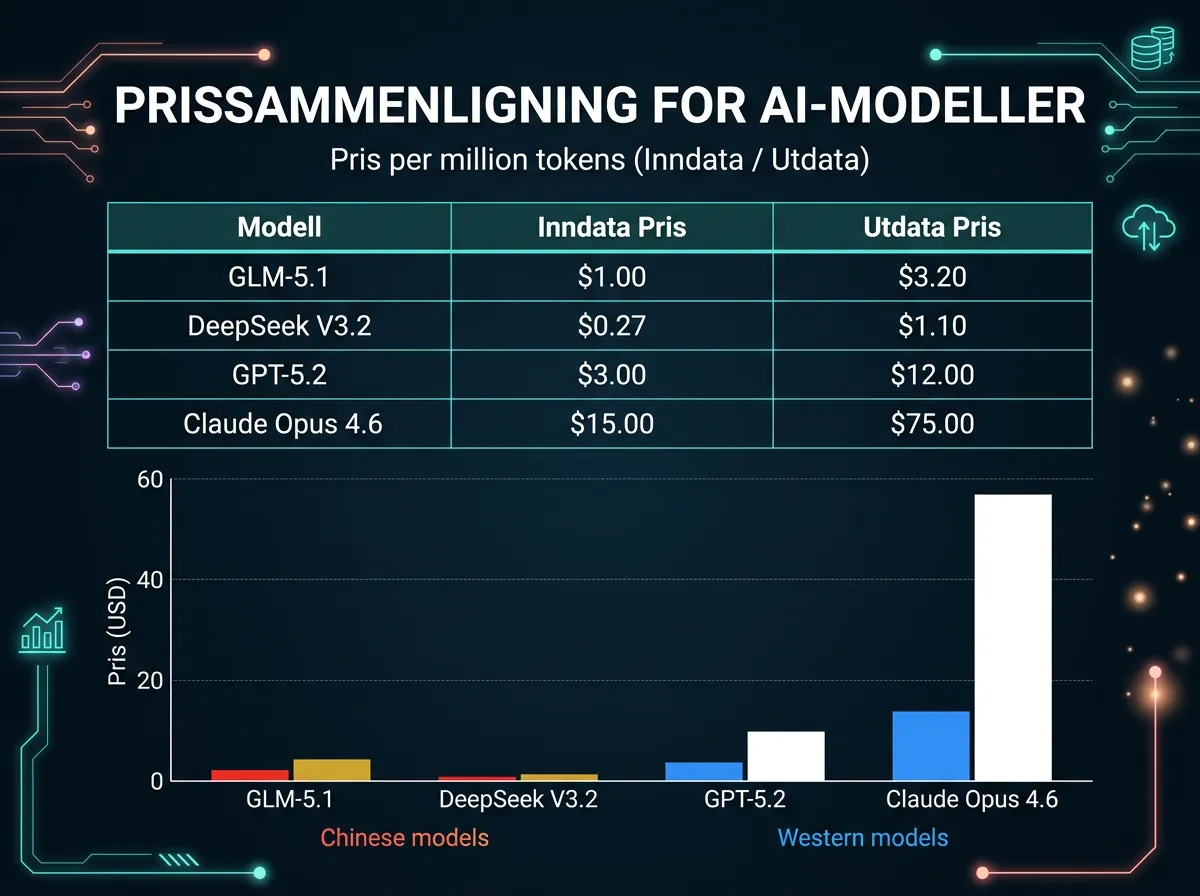 Prissammenligning mellom GLM-5.1, DeepSeek, GPT-5.2 og Claude Opus 4.6 per million tokens