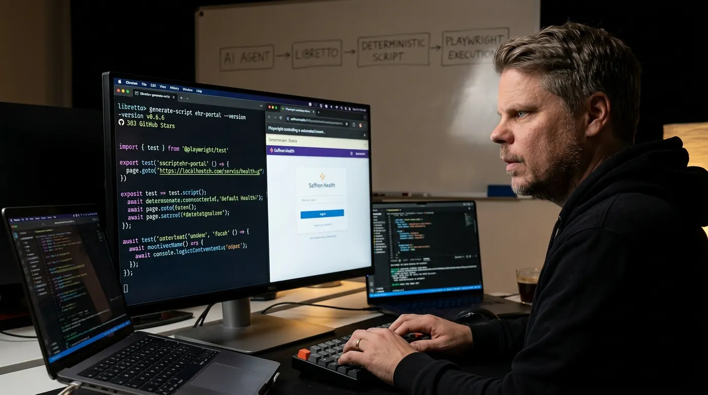 Jan Sverre jobber med Libretto browser-automatisering i en terminal med Playwright-kode på skjermen