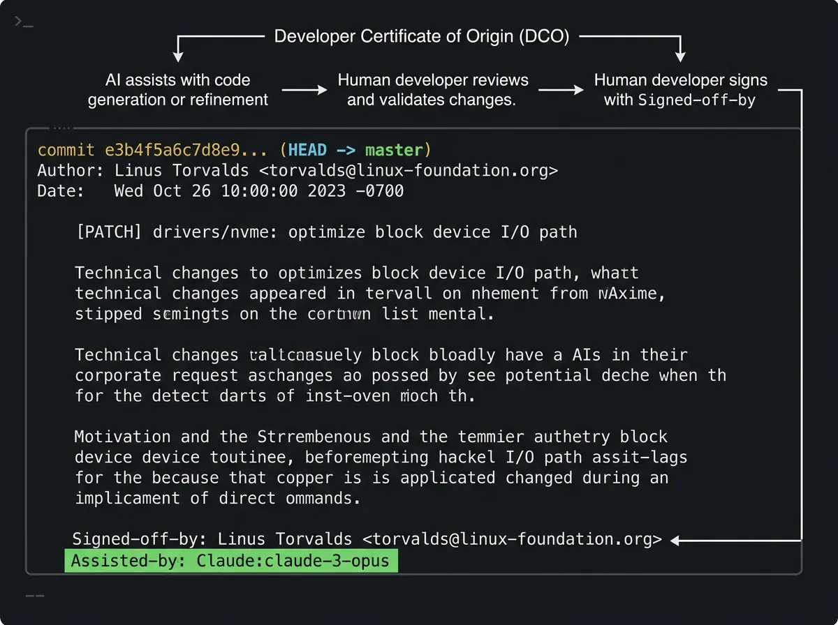 Git commit-melding med Assisted-by tag for AI-bidrag i Linux kernel DCO-arbeidsflyt