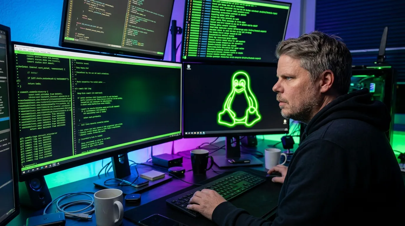 Jan Sverre studerer Linux kernel kildekode på terminaler med Tux-pingvinen i neongrønt