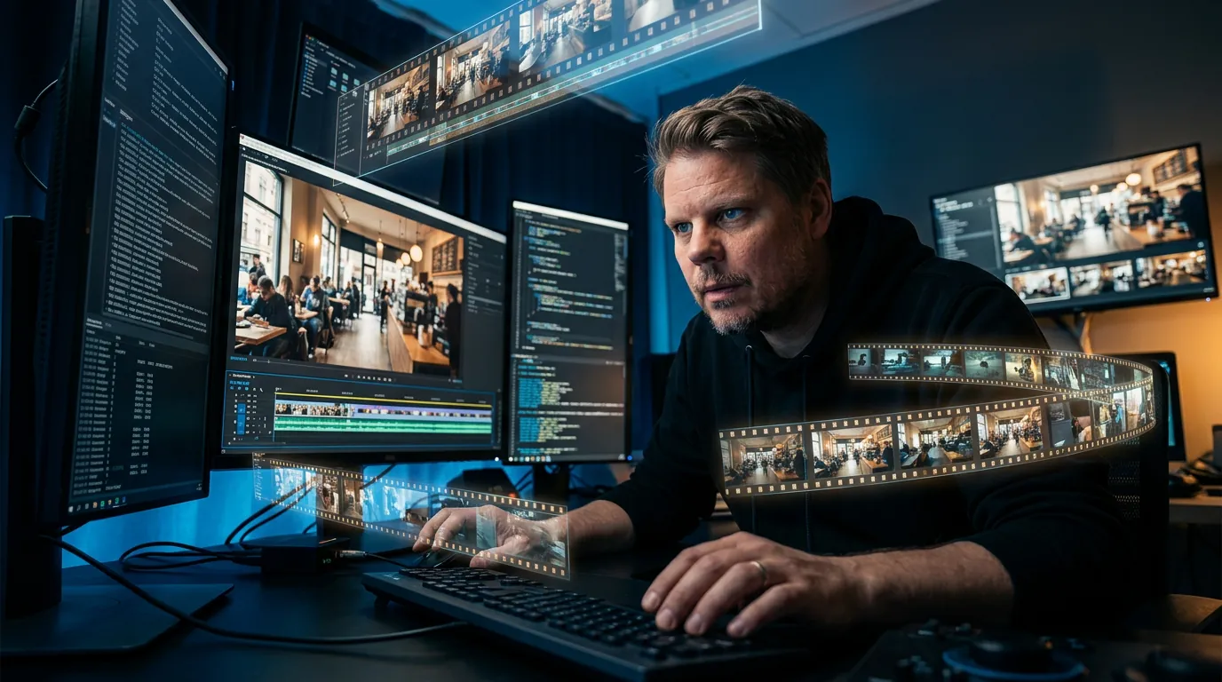 Jan Sverre i et mørkt videoredigeringsstudio med flere skjermer som viser LTX Video 2.3 frames fra en kafé-POV-scene