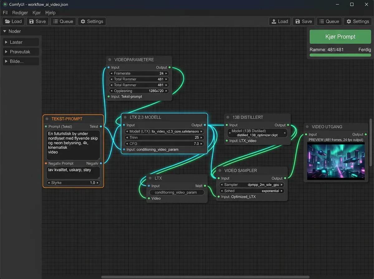 ComfyUI node-basert arbeidsflyt for LTX Video 2.3 videogenerering med 13B distillert modell
