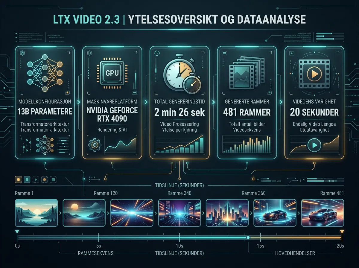 Infographic med LTX Video 2.3 ytelsedata - 481 frames, 20 sekunder, 2 minutter 26 sekunder generasjonstid på RTX 4090