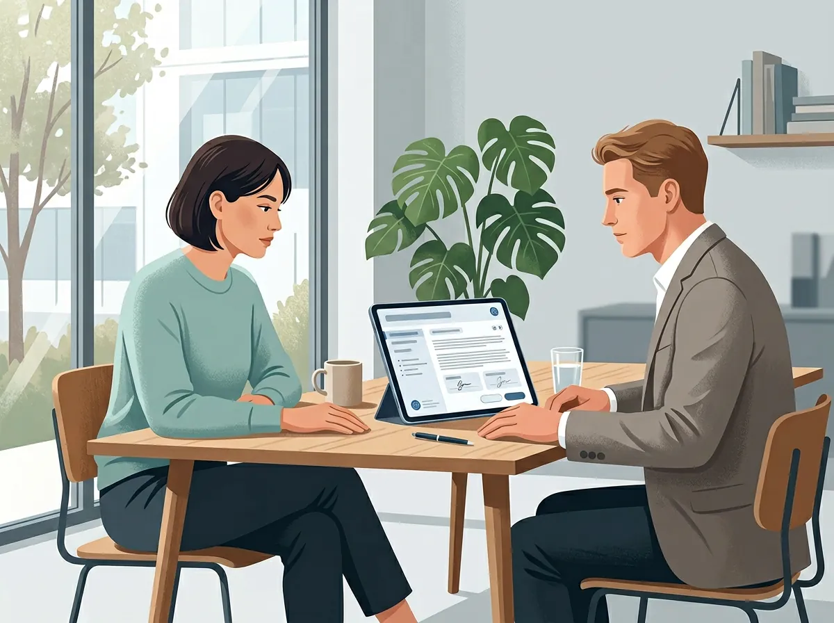 To personer forhandler med AI-verktøy på nettbrett mellom seg i skandinavisk kontormiljø