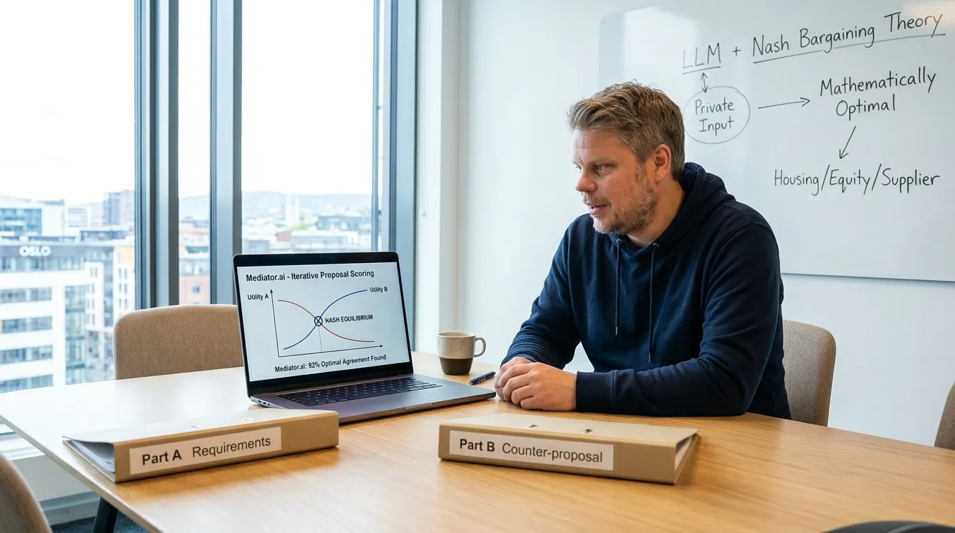 Jan Sverre undersøker Mediator.ai på laptop med Nash bargaining-diagram på skjermen