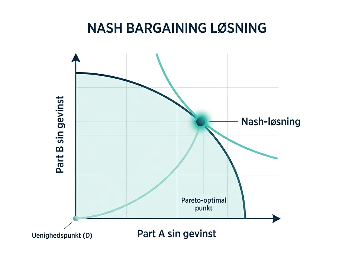 Infografik som viser Nash bargaining-løsningen med to nyttekurver som møtes i optimalt Pareto-punkt
