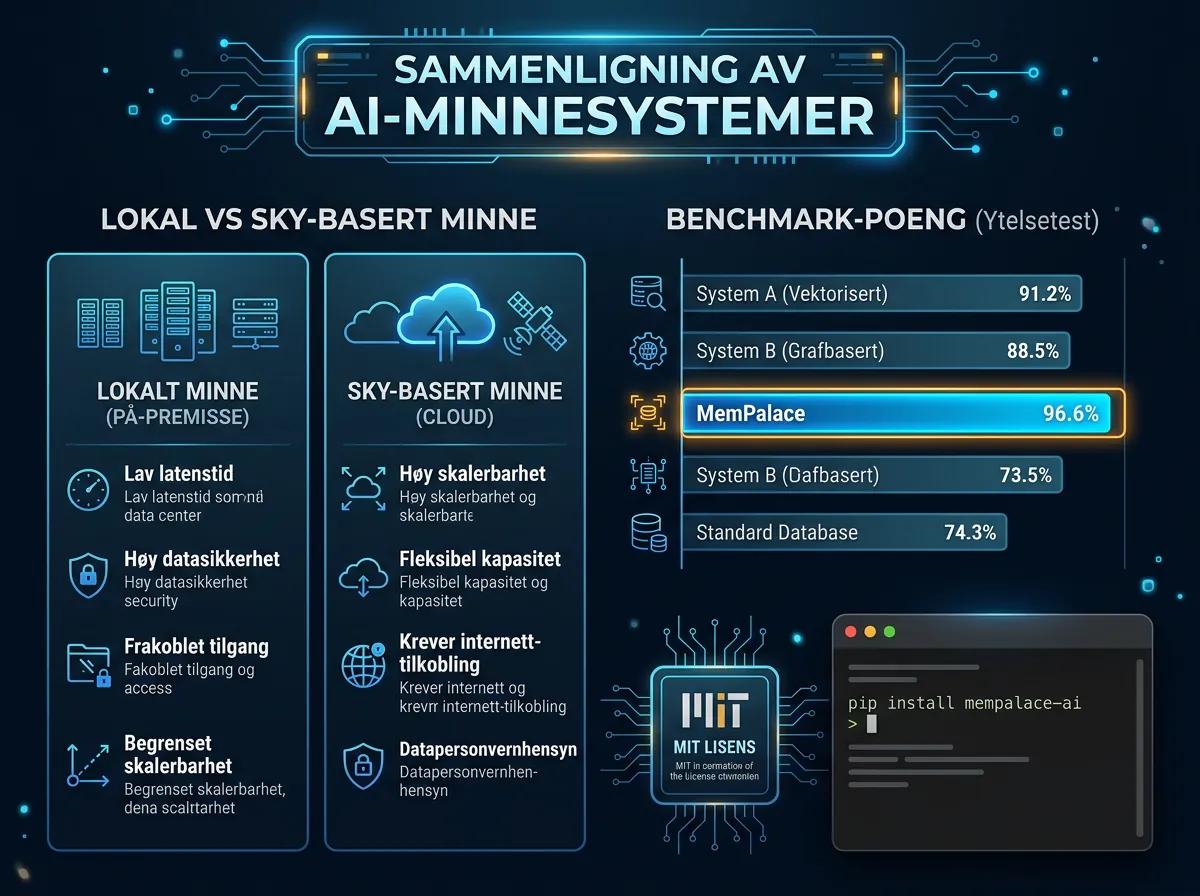 Infografikk som sammenligner AI-minnesystemer med benchmark-score for MemPalace på 96,6 prosent og lokal versus sky-lagring