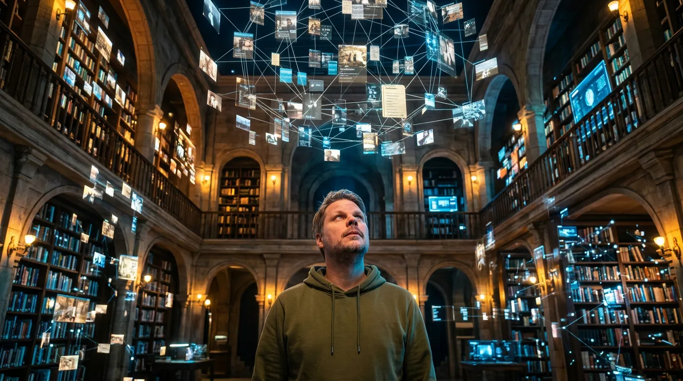 Jan Sverre utforsker MemPalace AI-minnesystem i et glødende digitalt huskerpalasset med flytende minnefragmenter
