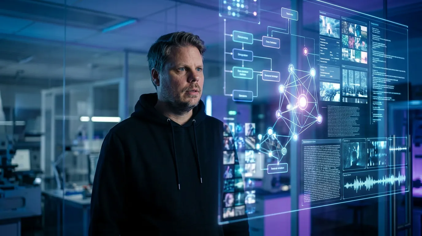 Jan Sverre ser på et holografisk display som viser Muse Spark multimodal AI-datastrømmer med bilder og tekst sammenvevd