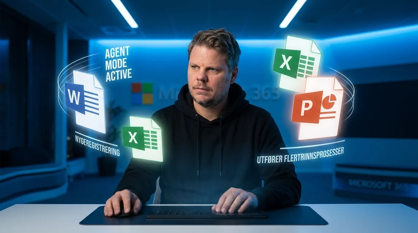 Mann i hettegenser ser på flytende Office-dokumenter som oppdateres automatisk av Microsoft Copilot Agent Mode
