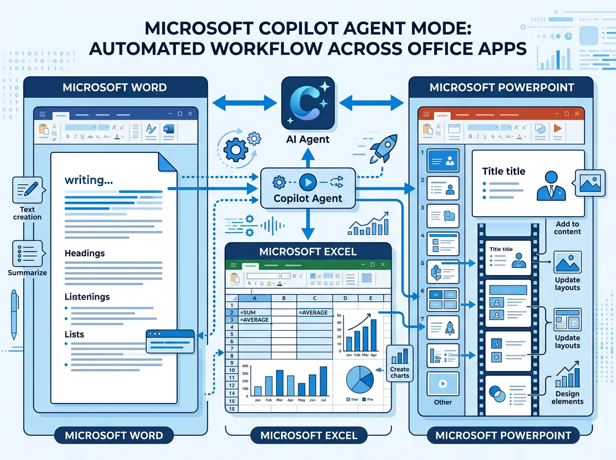 Infografikk som viser Microsoft Copilot Agent Mode som jobber i Word, Excel og PowerPoint samtidig med automatiserte flertrinns-oppgaver