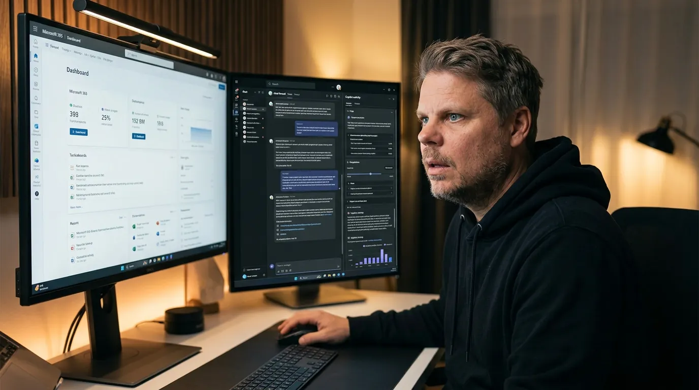 Jan Sverre følger med på Microsoft 365 Copilot autonome AI-agenter som jobber i bakgrunnen på flere skjermer