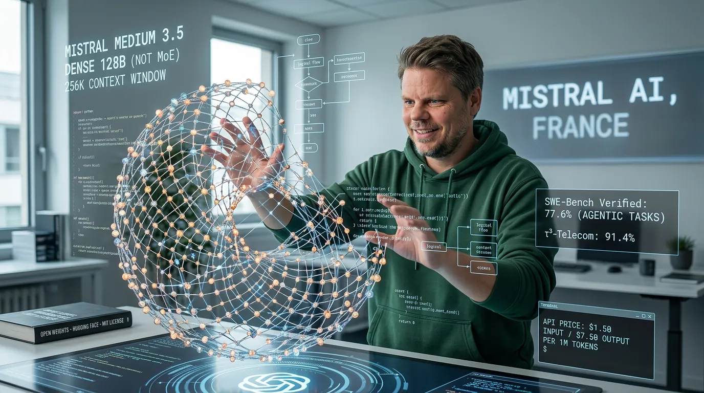Mistral Medium 3.5 128B lansering - mann i hettegenser engasjert med ny kraftig AI-modell fra Frankrike