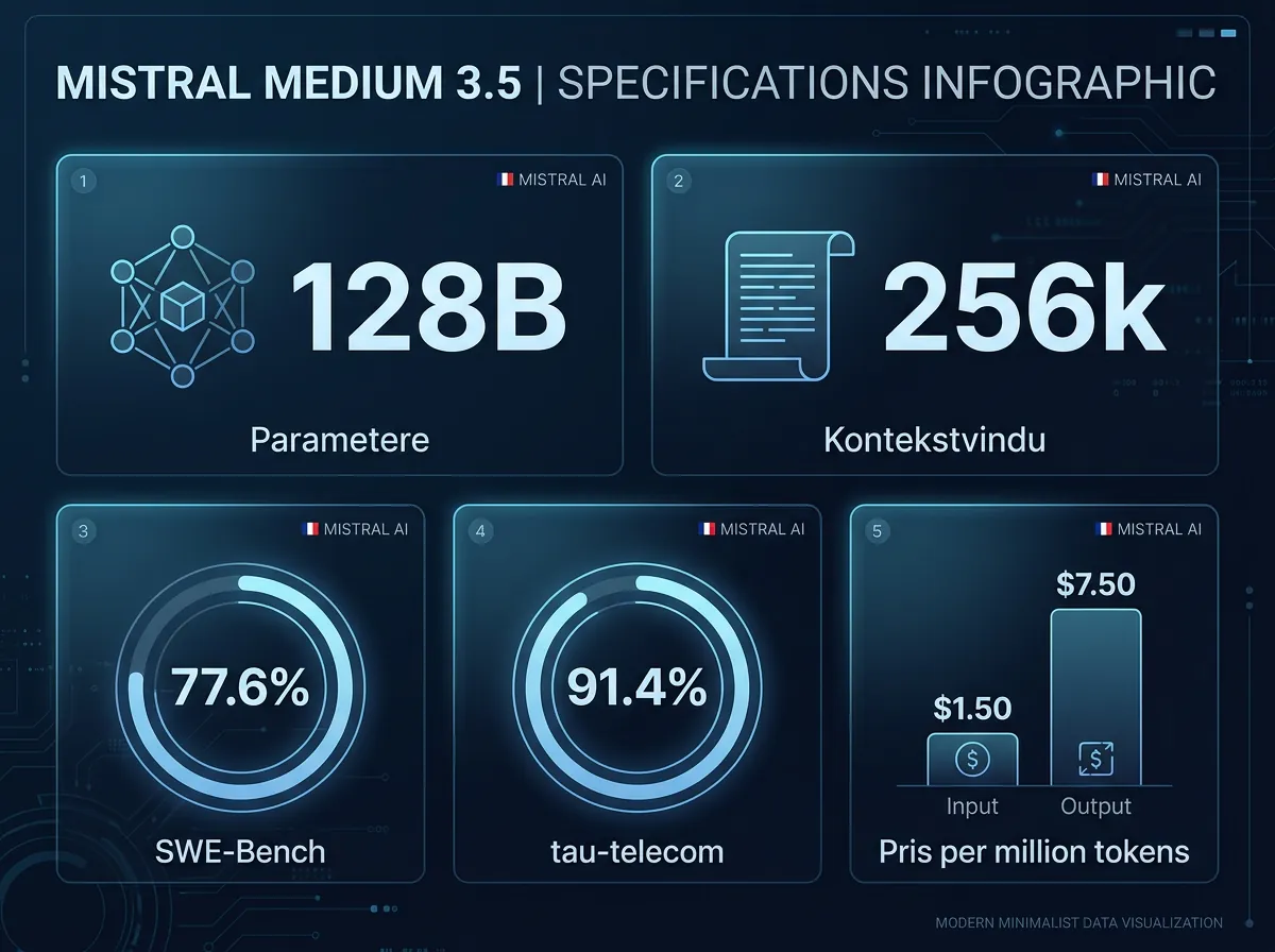 Mistral Medium 3.5 128B spesifikasjoner og benchmarks - 256k kontekst, SWE-Bench 77,6 prosent og API-priser