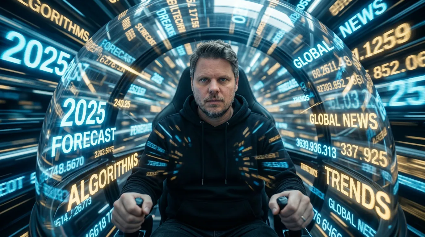 Jan Sverre reiser gjennom tid omgitt av glødende tokens og ord - illustrasjon av Multi-Token Prediction og speculative decoding