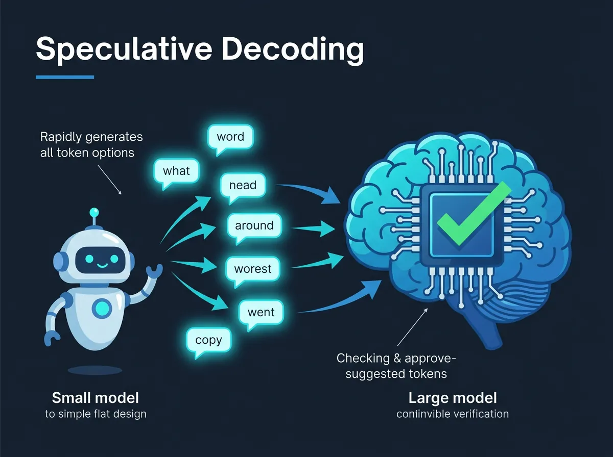 Diagram som viser speculative decoding - liten AI-modul foreslår tokens til venstre, stor modell godkjenner til høyre