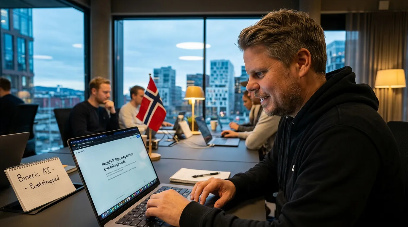 Jan Sverre ser på NorskGPT-grensesnittet på laptop i Oslo-kontor med norsk flagg i bakgrunnen