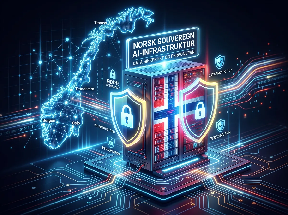 Illustrasjon av norsk AI-infrastruktur med GDPR-skjold og norsk flagg som symboliserer suveren datalagring
