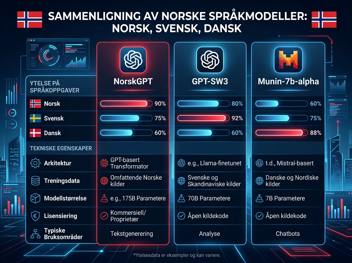 Infografikk som sammenligner NorskGPT med GPT-SW3 og Munin-7b-alpha for norsk, svensk og dansk