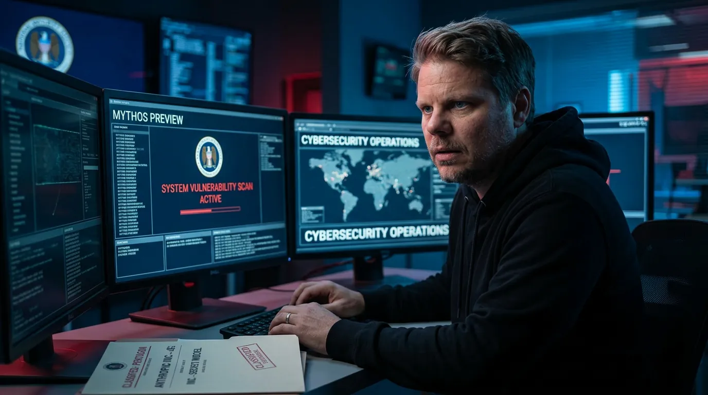 Jan Sverre studerer klassifiserte skjermer om NSA og Anthropics Mythos AI-modell i et cybersecurity-kontrollrom