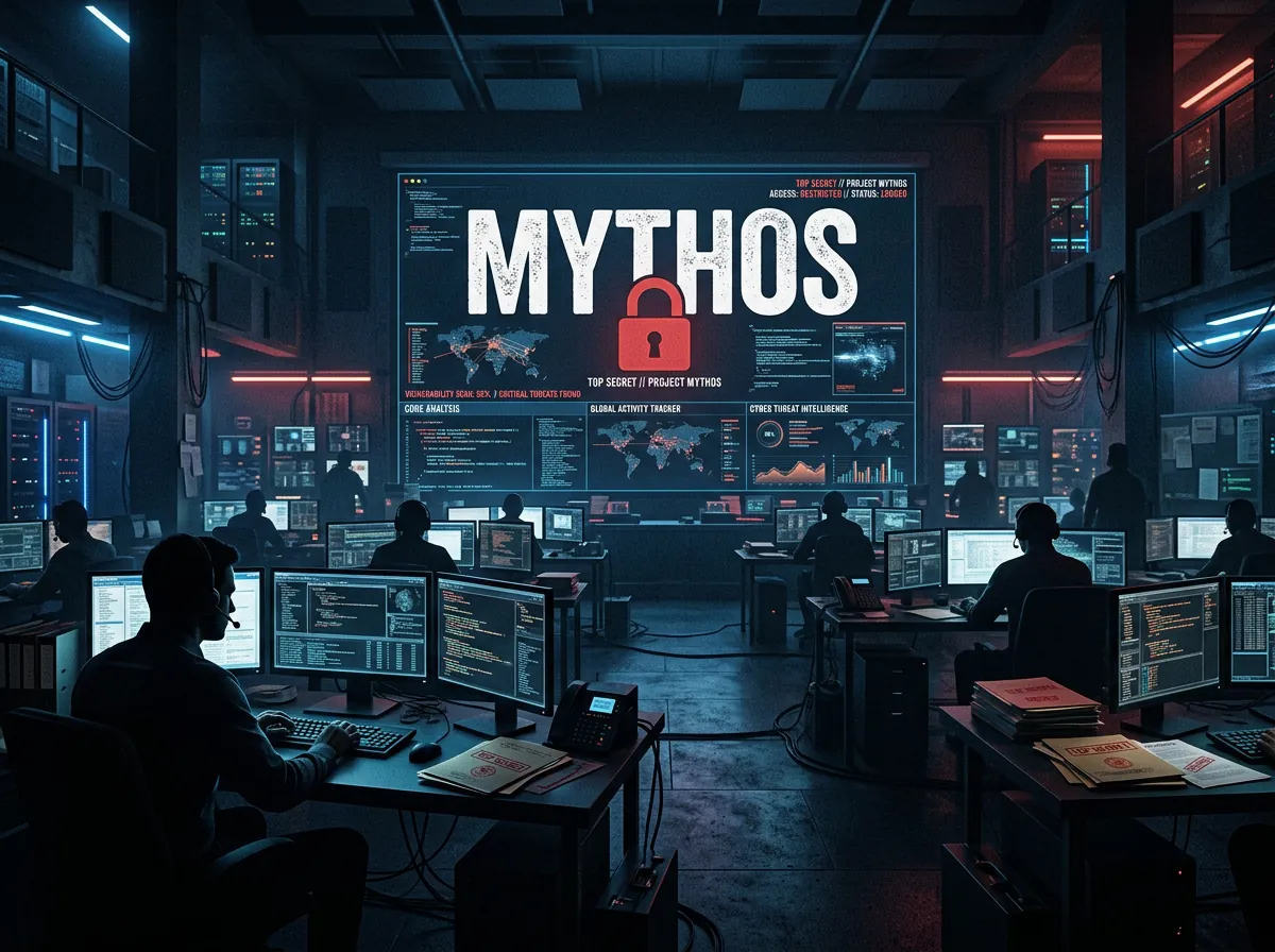 Dramatisk illustrasjon av et hemmelig etterretningskontrollrom med Mythos AI-skjermer og sårbarhetsskanning